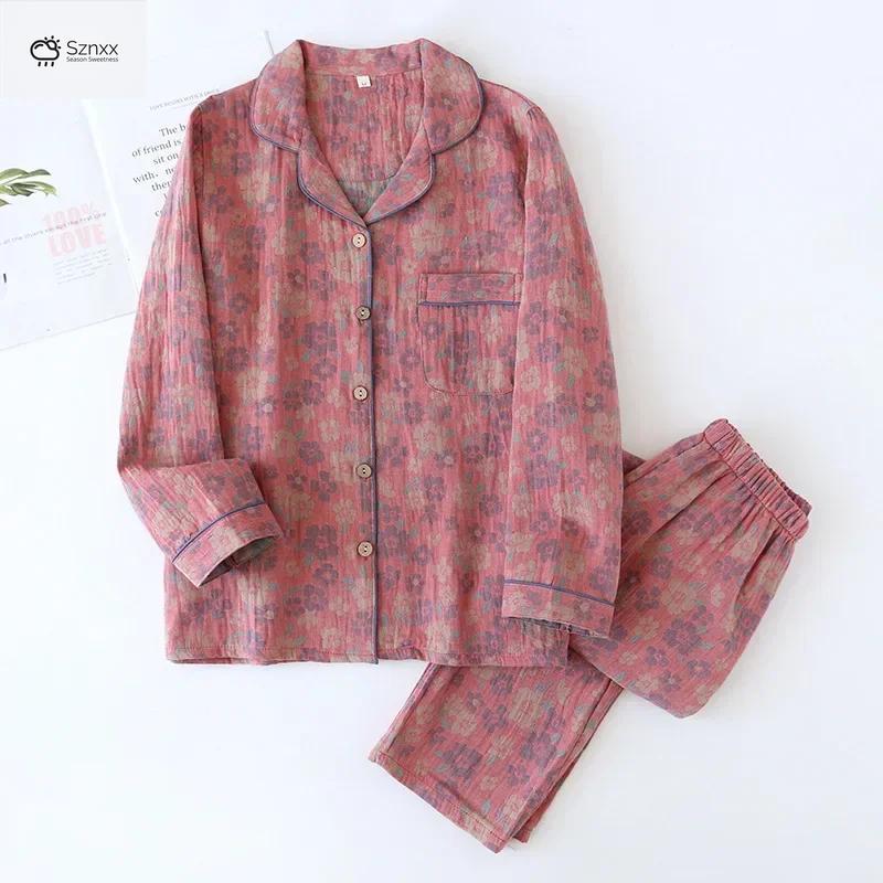 Floral Crepe Cotton Long-sleeve Pajama Lounge Set