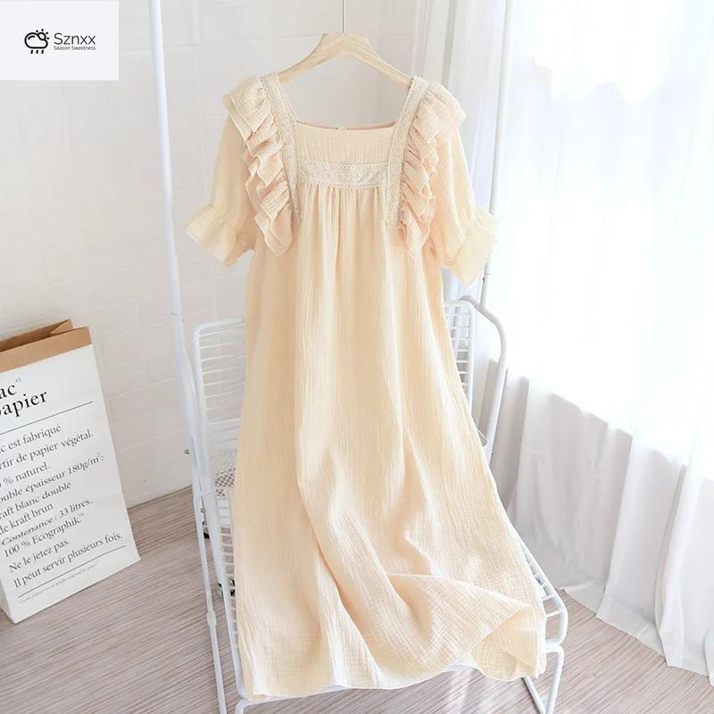 Palace-style Cotton Crepe Lotus Sleeve Nightdress