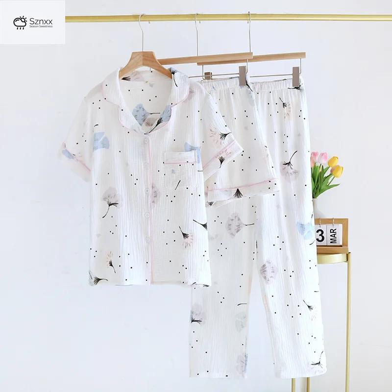 Womens Breathable Cotton Crepe Pajama Three-piece Set