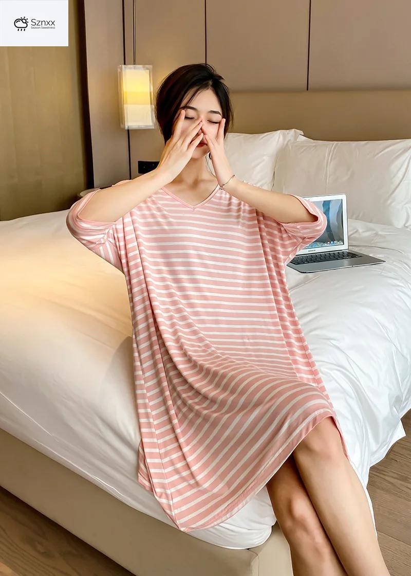 Striped Modal Short-sleeve Nightgown With Skirt Hem