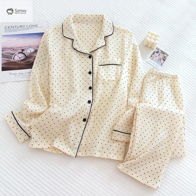 Polka Dot Cotton Crepe Pajama Set Long-sleeve