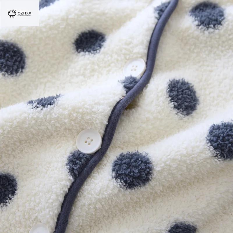 Cozy Wave-dot Flannel Pajama Set With Cardigan