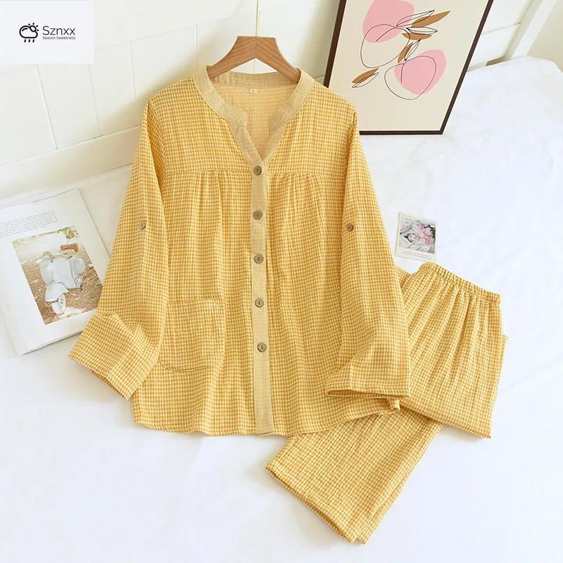 Womens Cotton Plaid Long-sleeve Pajama Set