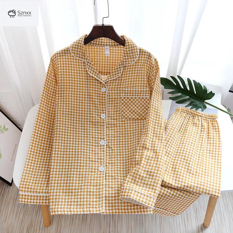 Soft Cotton Gauze Plaid Couple Pajama Set