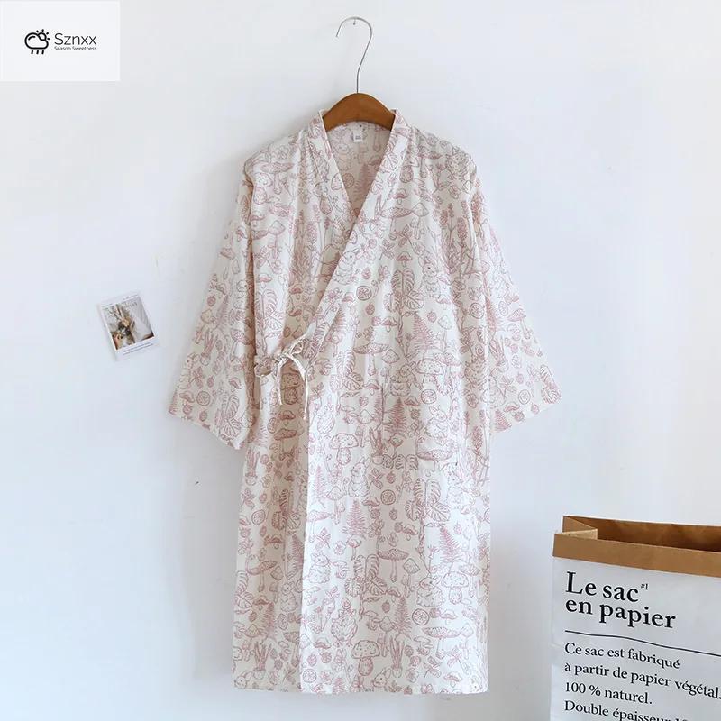 Floral Cotton Gauze Kimono Robe Mid-length Loungewear