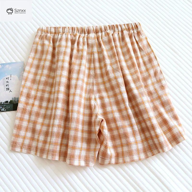 Checkered Cotton Couple Sleep Shorts Loose Fit