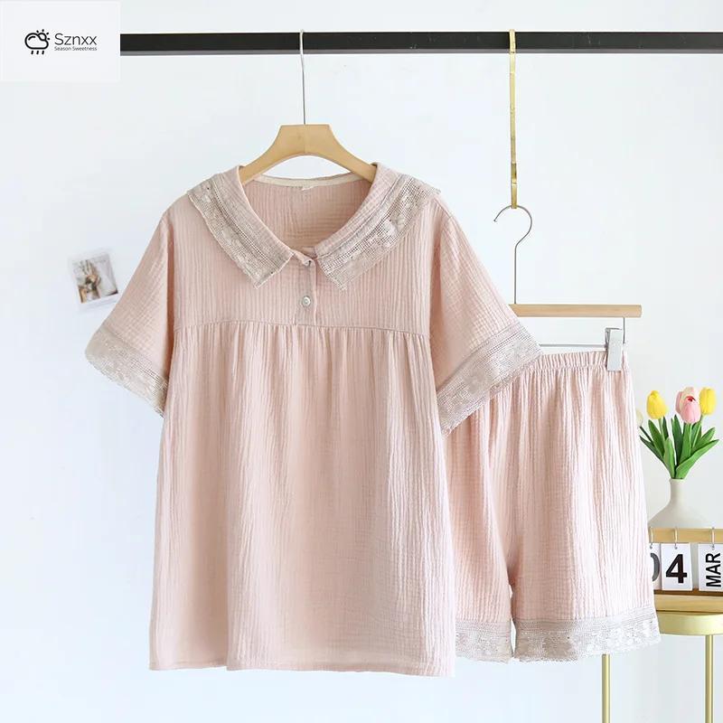 Japanese Cotton Crepe Lace Pajama Shorts Set