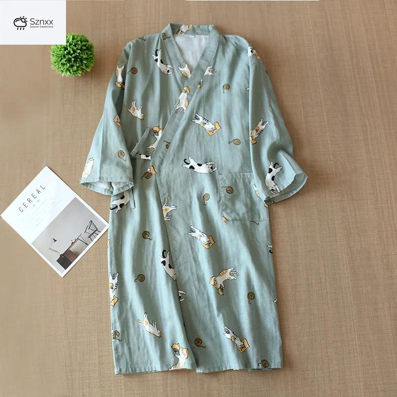 Japanese Cotton Floral Kimono Nightgown With Three-quarter Sleeves
