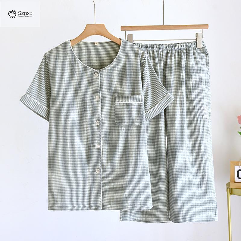Checkered Cotton Gauze Couple Pajama Set