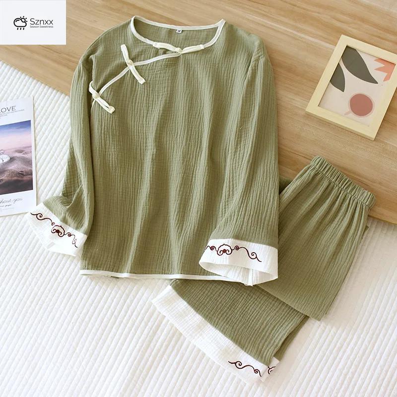 Womens Cotton Crepe Long-sleeve Pajama Set