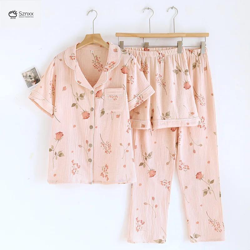 Womens Cotton Crepe Three-piece Loungewear Set