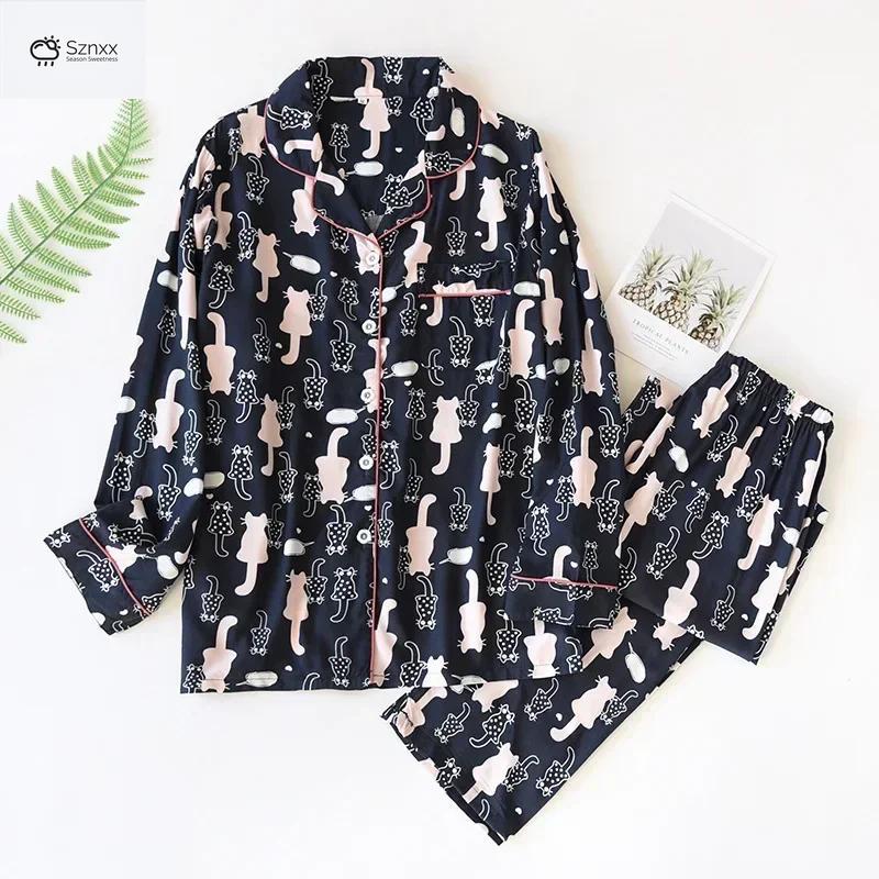 Soft Cartoon Viscose Long-sleeve Ladies Pajama Set