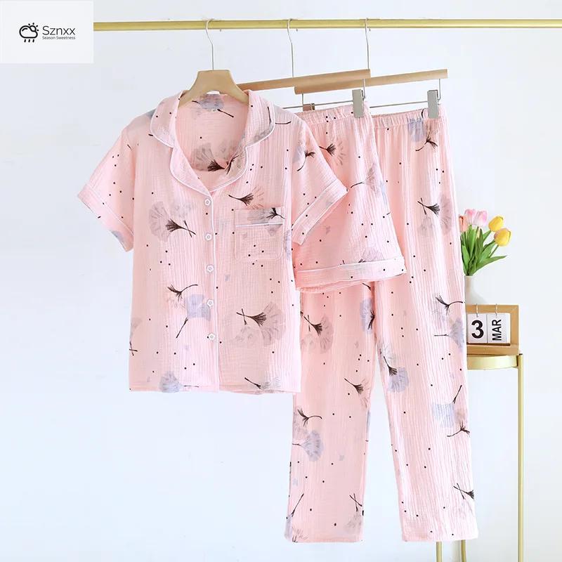 Womens Breathable Cotton Crepe Pajama Three-piece Set