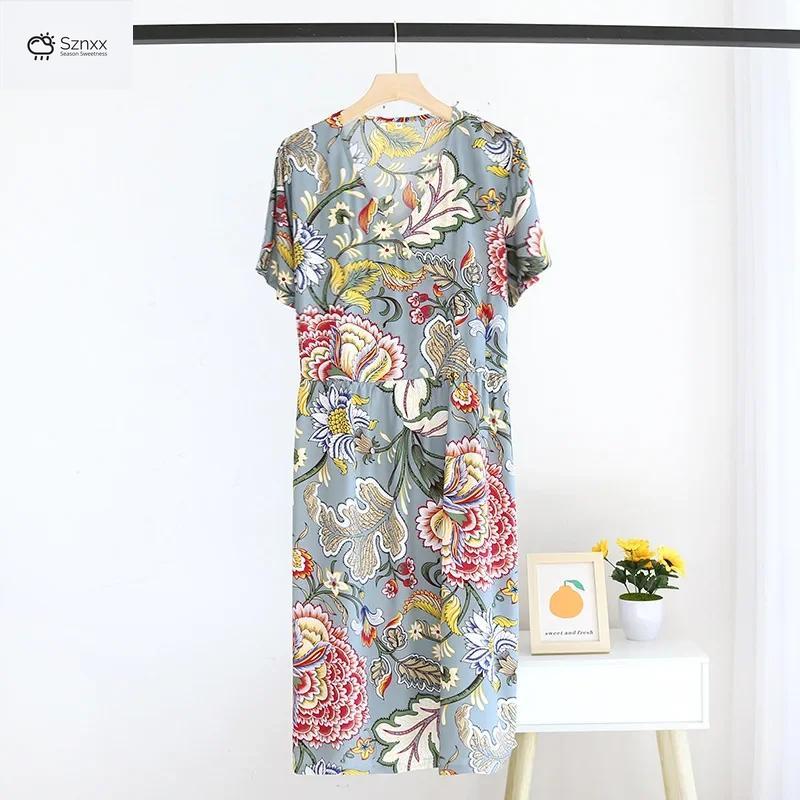 Floral Viscose Short Sleeve V-neck Nightdress For Women