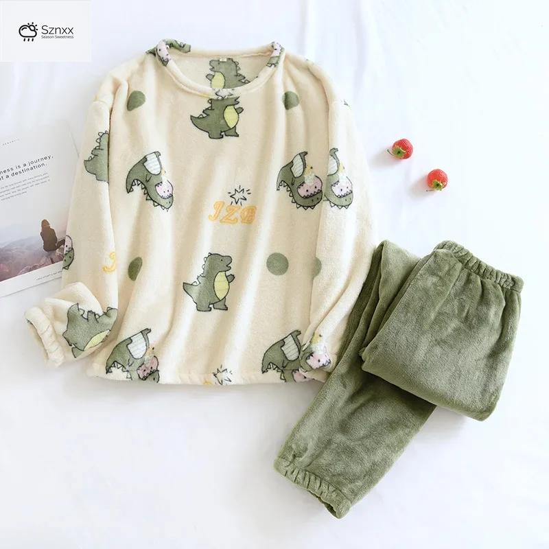 Cozy Dinosaur Print Flannel Pajama Set For Women