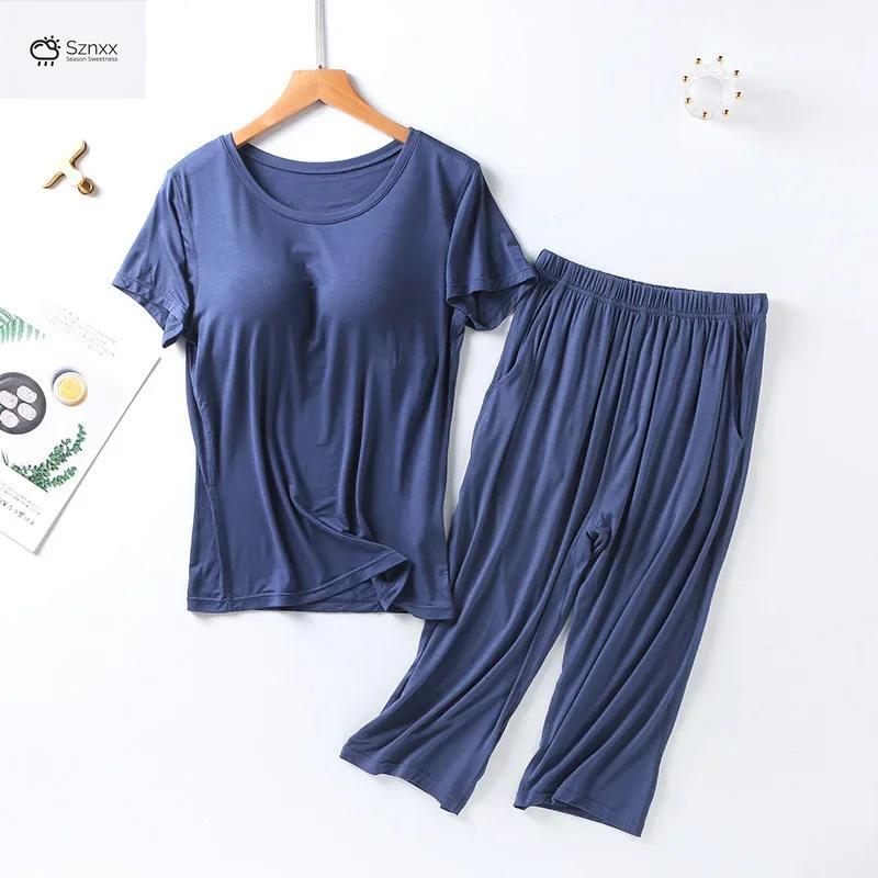 Soft Modal Pajama Set With Chest Pad Cropped Trousers