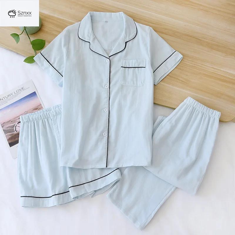 Womens Cotton Gauze Three-piece Loungewear Set