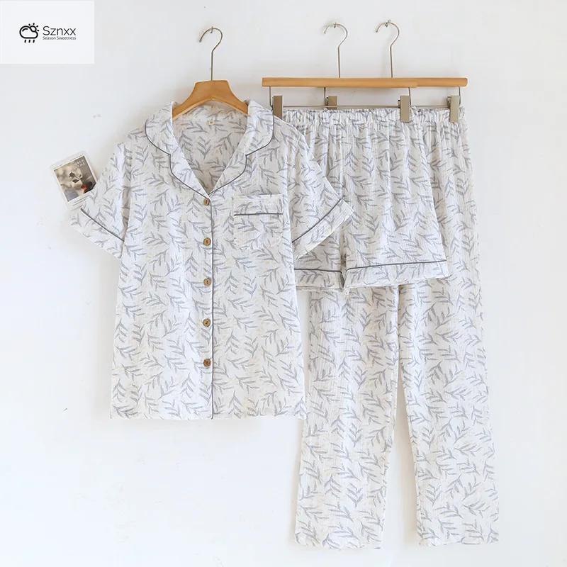 Womens Cotton Crepe Three-piece Loungewear Set