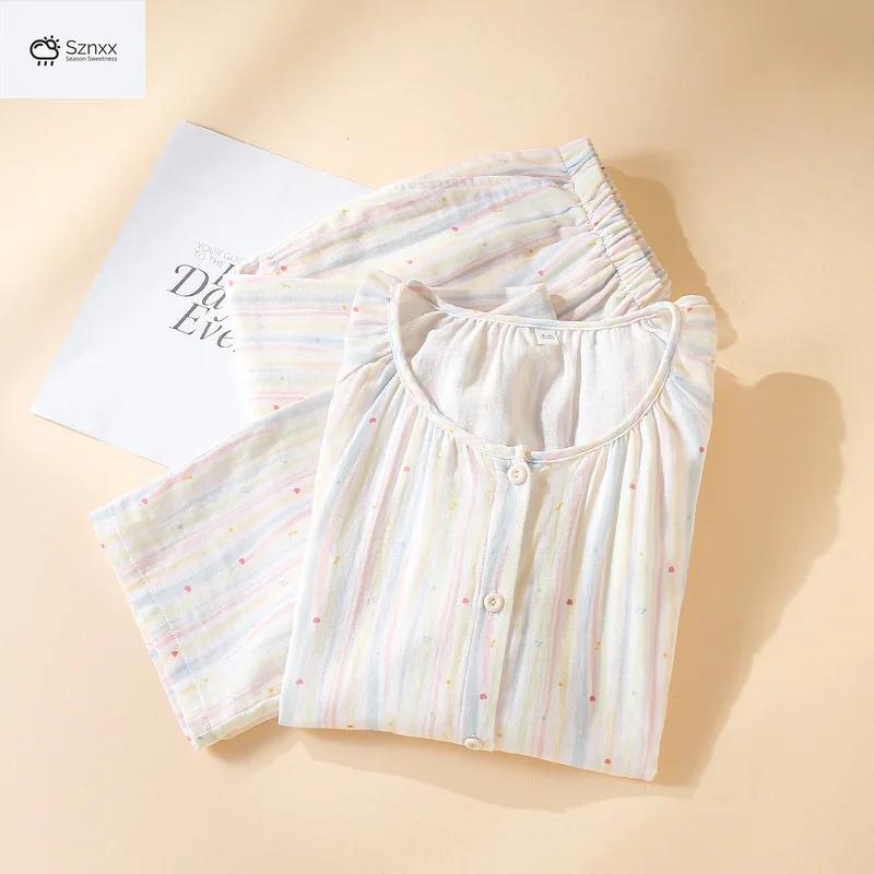 Womens Cotton Gauze Long-sleeve Pajama Cardigan Set