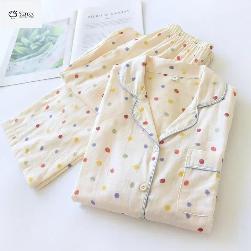 Womens Cotton Polka Dot Long Sleeve Pajama Set