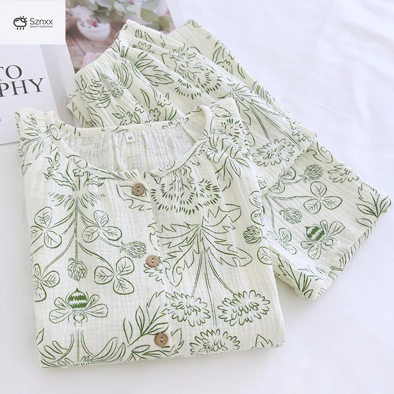 Womens Pure Cotton Crepe Long-sleeve Pajama Set