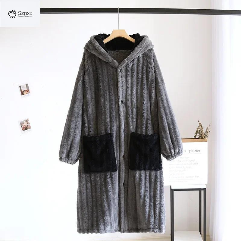 Thickened Flannel Couples Long Bathrobe Nightgown