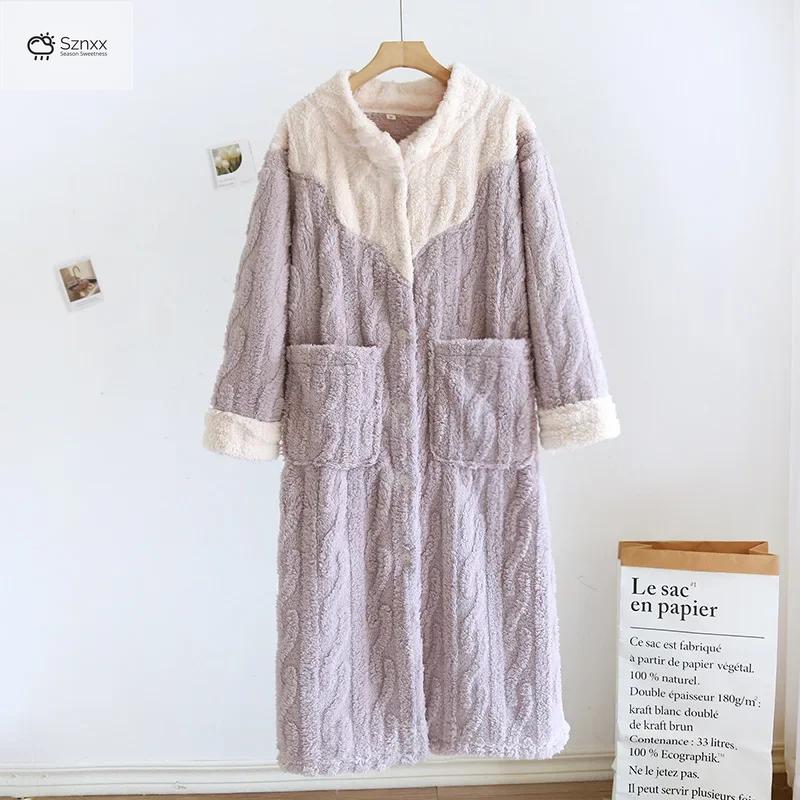 Womens Thickened Coral Fleece Long Bathrobe Nightgown
