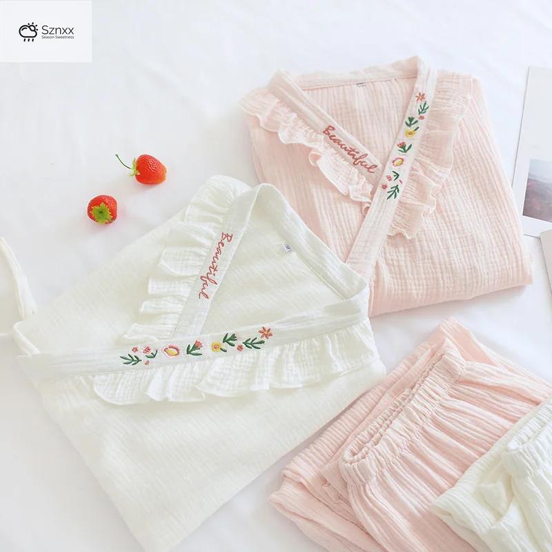 Japanese Cotton Crepe Kimono Pajama Two-piece Set
