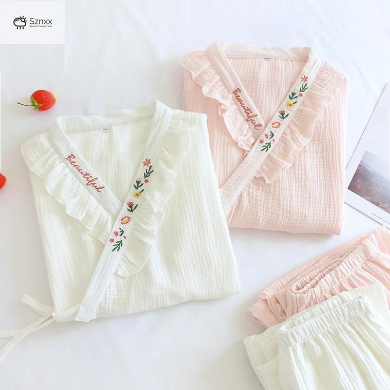 Japanese Cotton Crepe Kimono Pajama Two-piece Set