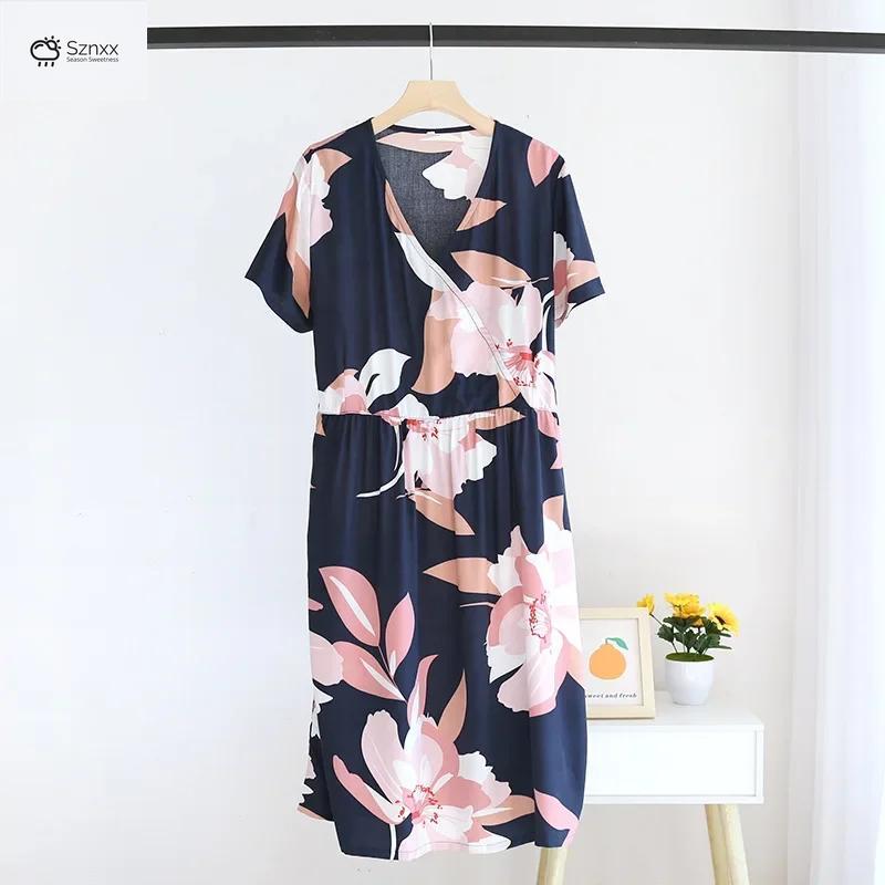 Floral Viscose Short Sleeve V-neck Nightdress For Women
