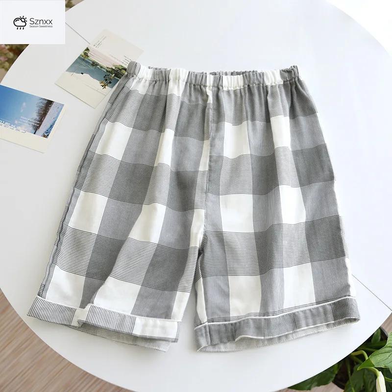 Cotton Plaid Couple Sleep Shorts Loose Fit