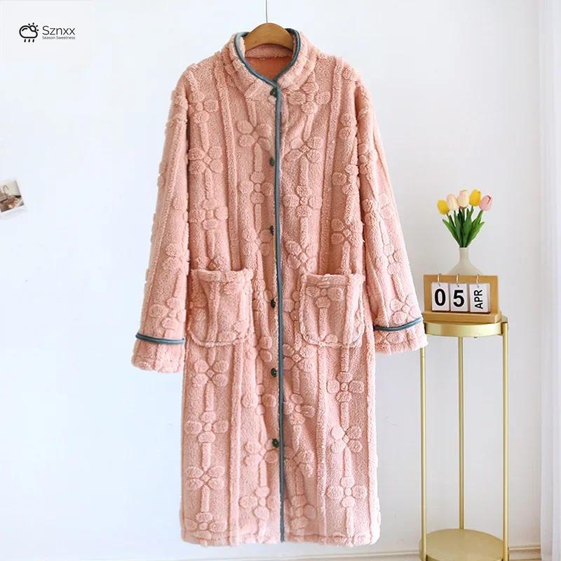 Cozy Flannel Stand-collar Buttoned Women’s Nightgown