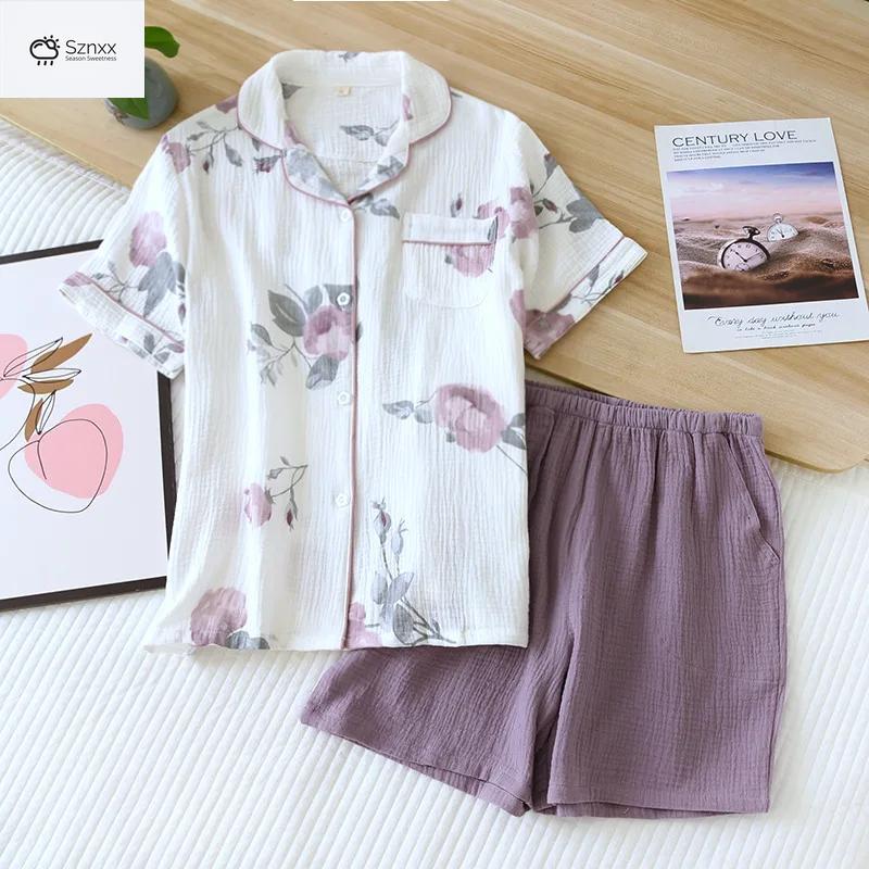 Soft Cotton Crepe Short-sleeve Pajama Shorts Set