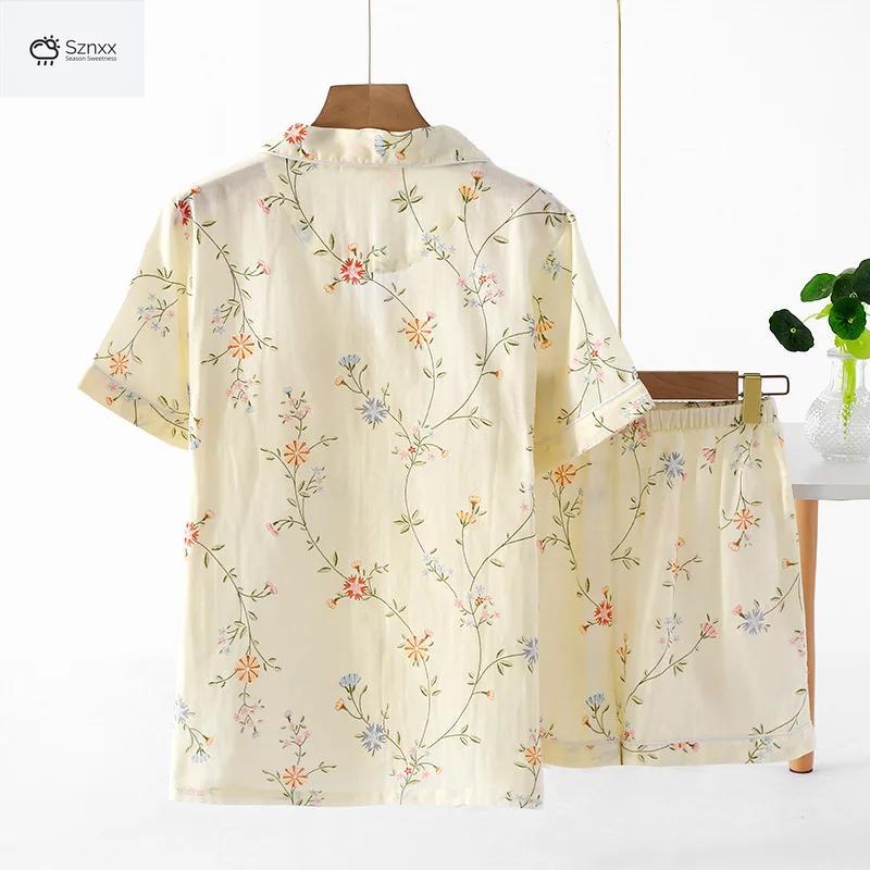 Womens Floral Cotton Gauze Pajama Shorts Set