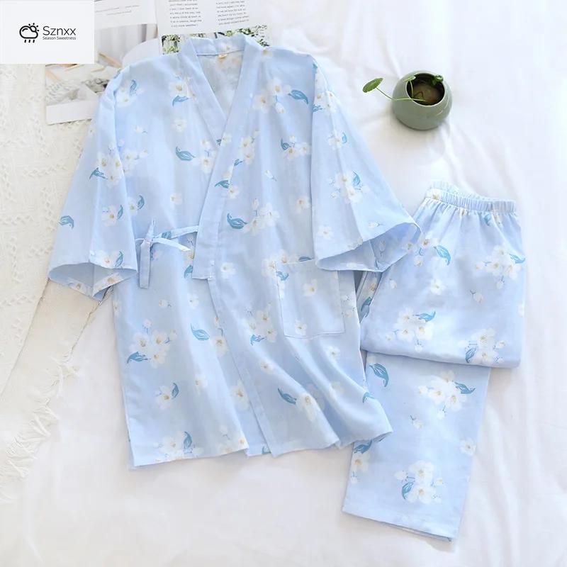 Womens Cherry Blossom Cotton Kimono Pajama Set