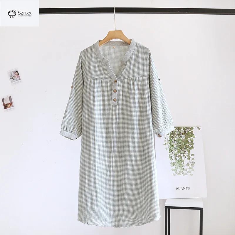 Womens Cotton Plaid Long Nightgown V-neck Home Dress