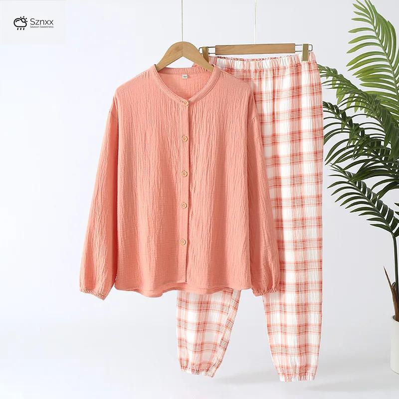 Womens Cotton Crepe Long-sleeve Pajama Two-piece Set