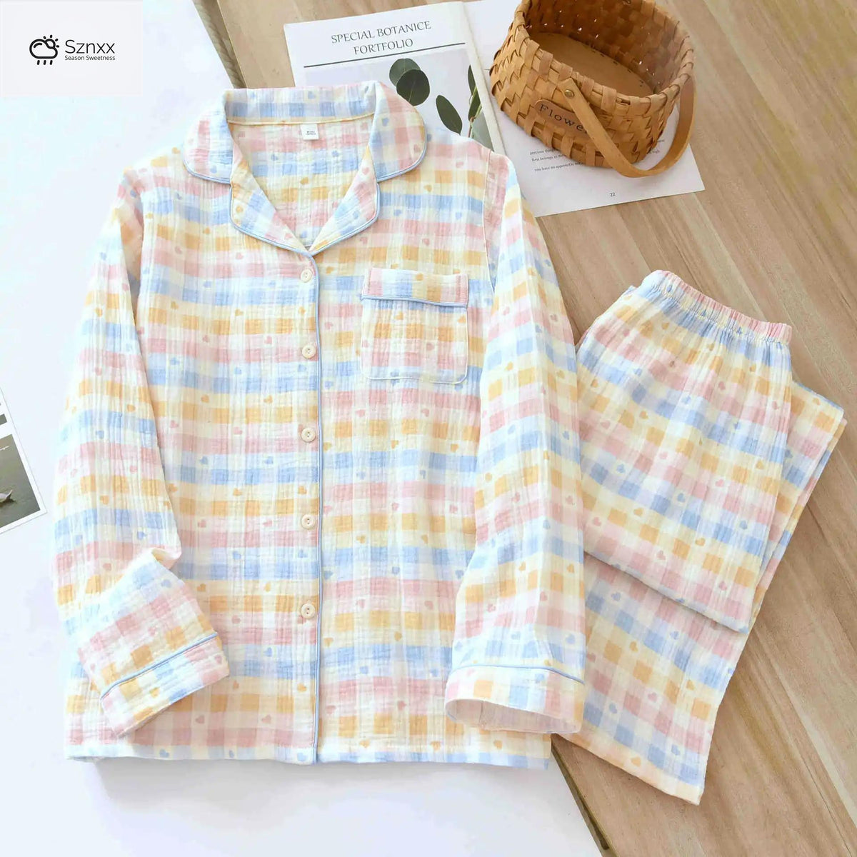 Womens Cotton Crepe Plaid Long Sleeve Pajama Set