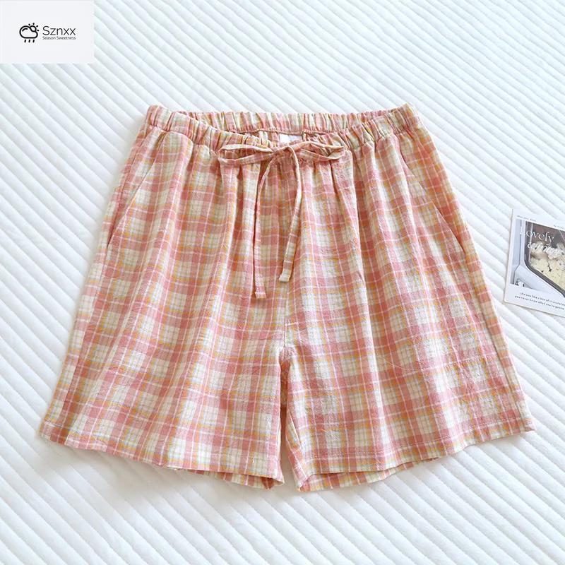 Checkered Cotton Couple Sleep Shorts Loose Fit