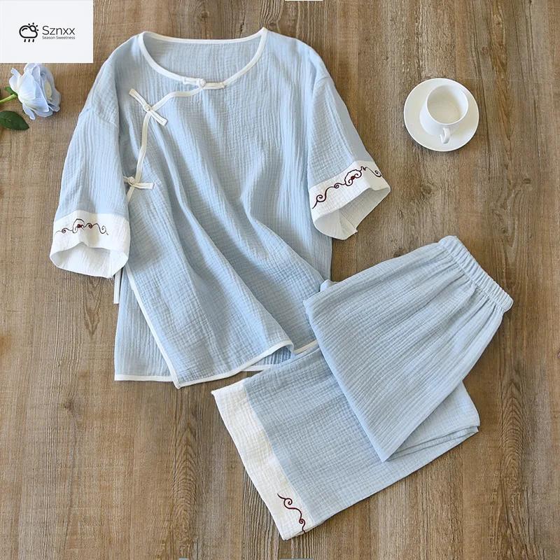 Chinese Cotton Pajama Set With Three-quarter Sleeves