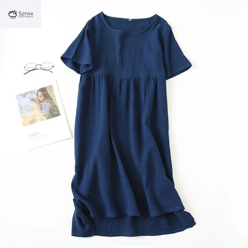 Soft Cotton Gauze Long Nightgown With Round Neck
