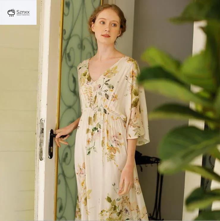 Elegant Viscose Rose Print Satin Nightdress Gown
