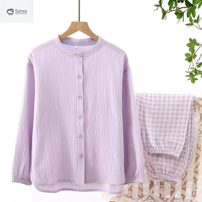 Womens Cotton Crepe Long-sleeve Pajama Two-piece Set