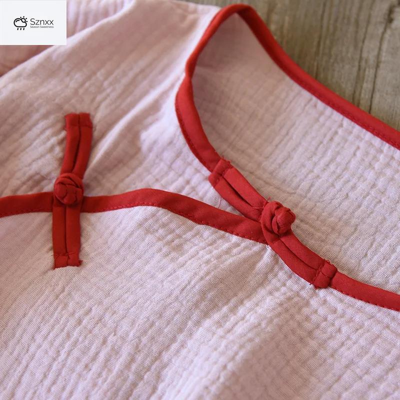 Chinese Cotton Pajama Set With Three-quarter Sleeves