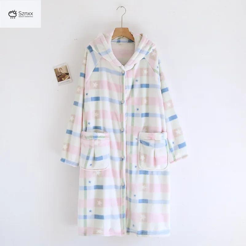 Soft Hooded Velvet Flannel Womens Sleep Robe