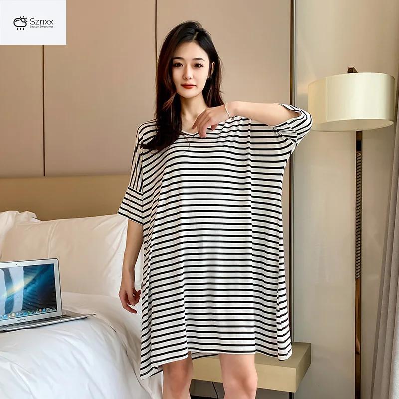 Striped Modal Short-sleeve Nightgown With Skirt Hem