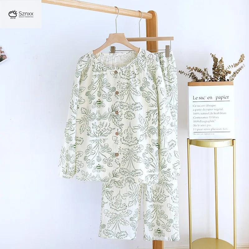 Womens Pure Cotton Crepe Long-sleeve Pajama Set