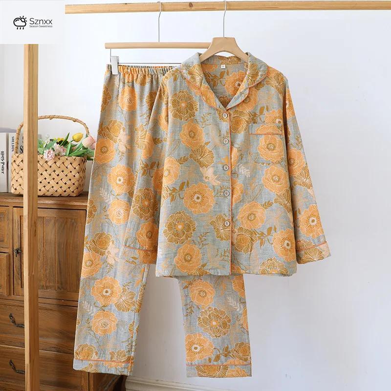 Floral Crepe Cotton Long-sleeve Pajama Lounge Set
