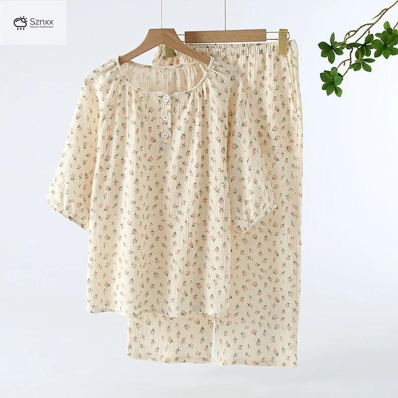 Floral Short-sleeve Cotton Pajama Set With Capris