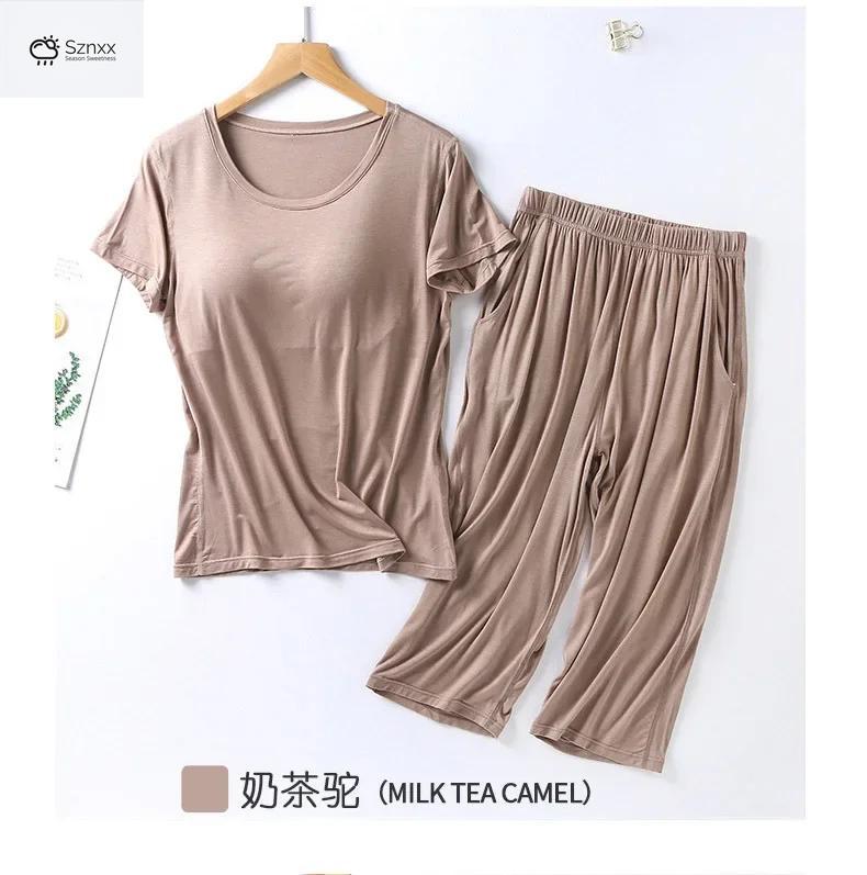 Soft Modal Pajama Set With Chest Pad Cropped Trousers